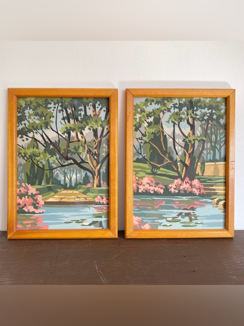 Set of 2 Vintage Paint By Number Garden 12x15 Framed Pair Landscape Asian Spring